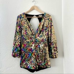 Sequin Romper | V neck Gold Multi color